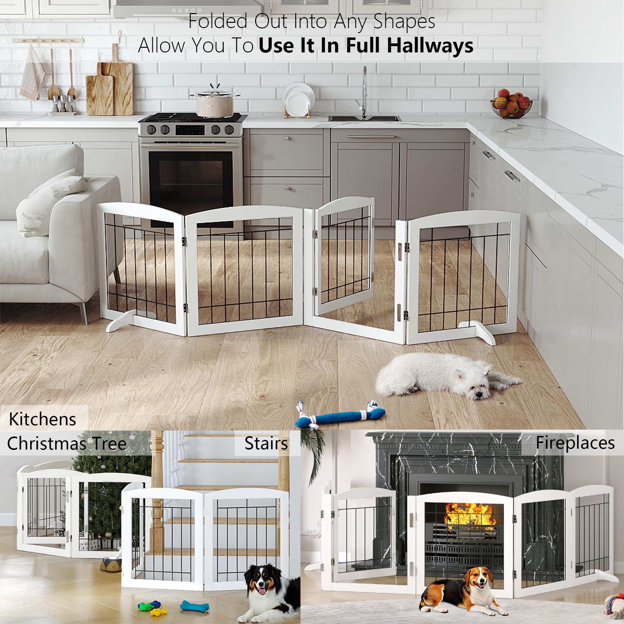 PAWLAND white wooden pet gate in hallway for safe, unobtrusive barrier.