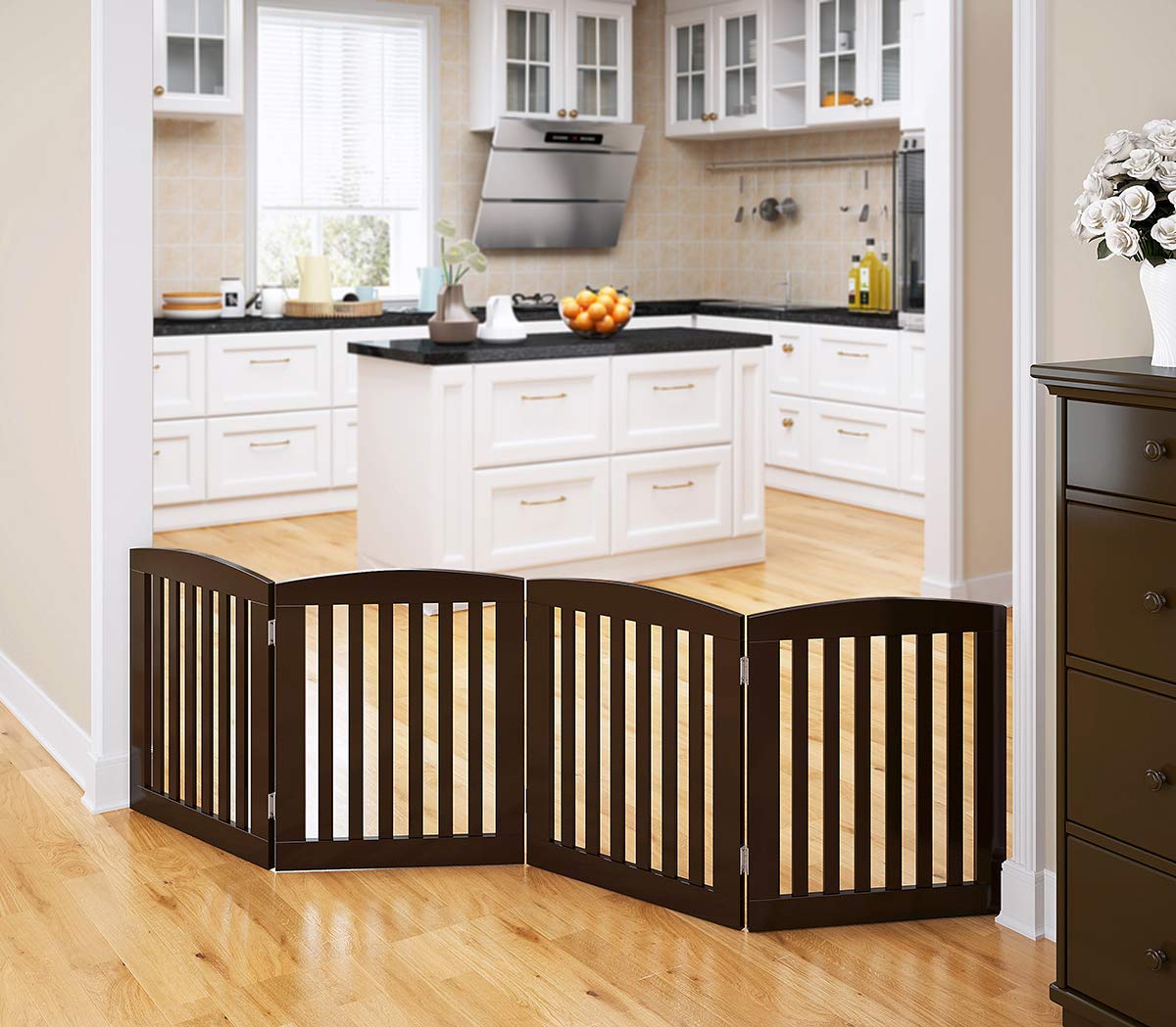 PAWLAND wooden dog gate fully extended in espresso for wide hallways