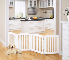 PAWLAND wooden freestanding gate white, showcasing sturdy non-slip feet for carpeted or hardwood floors for safe pet containment.