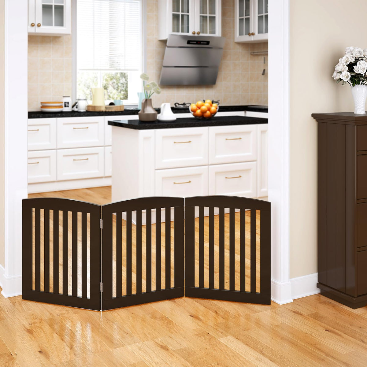 PAWLAND wooden gate in espresso finish front view for doorway containment