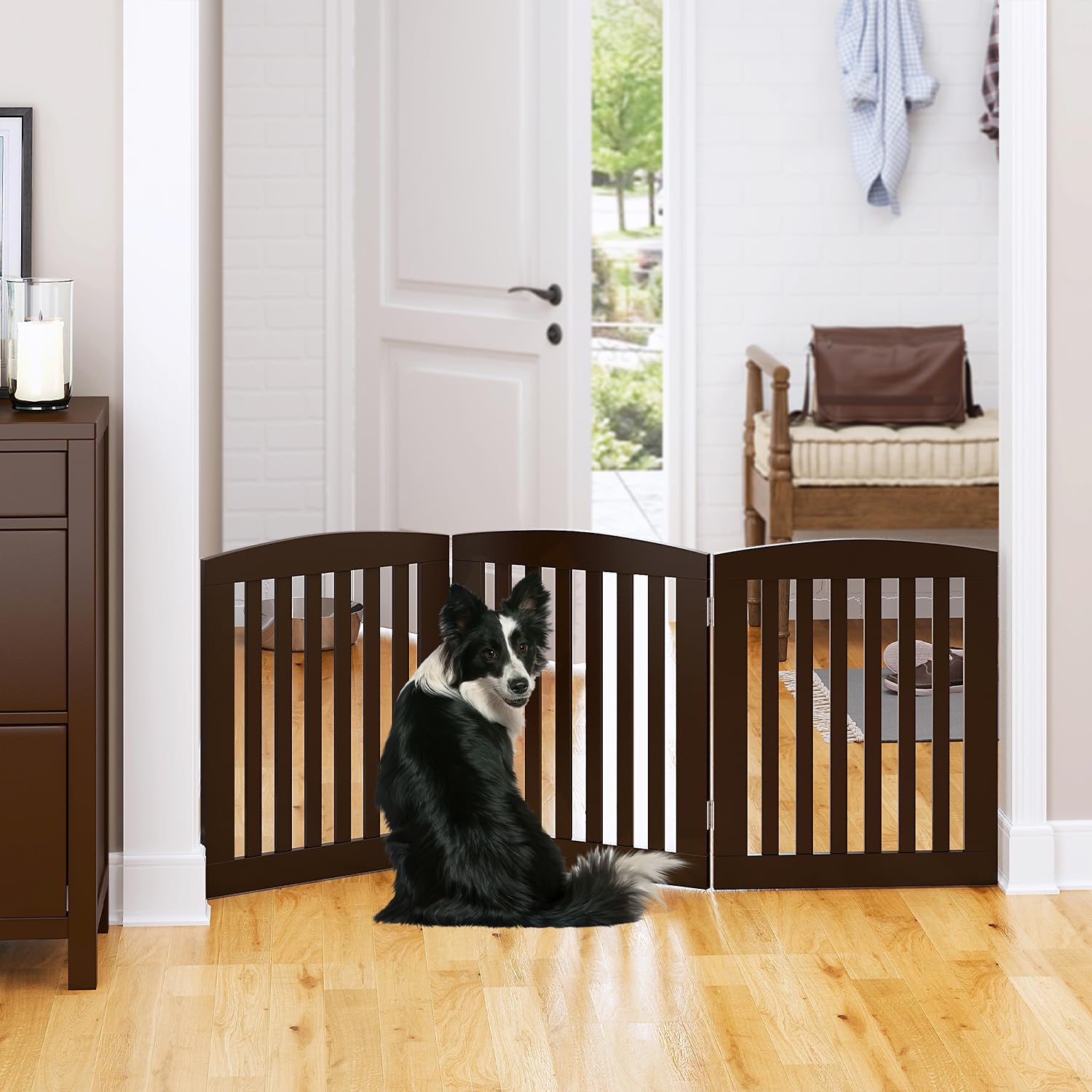 PAWLAND espresso gate open position highlighting wide span for room separation