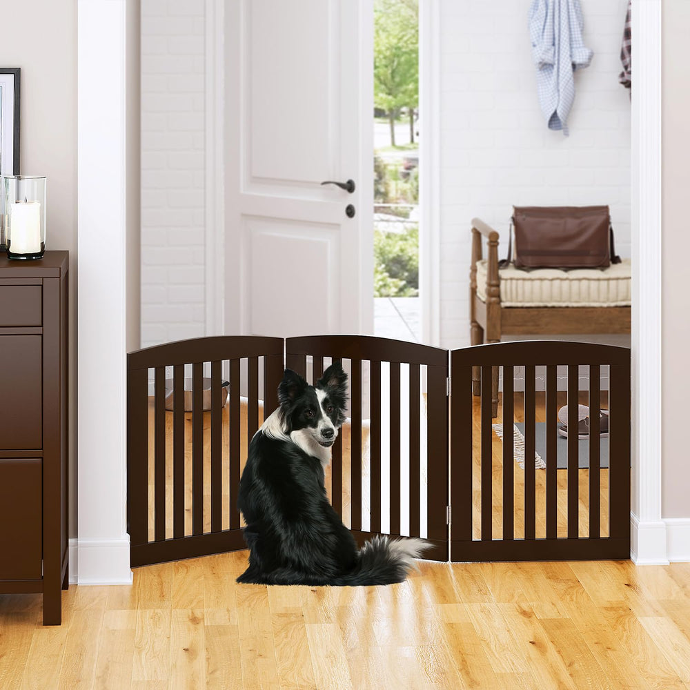 PAWLAND espresso gate open position highlighting wide span for room separation