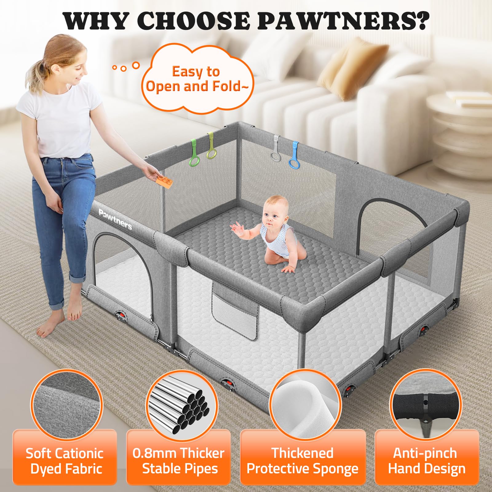 Pawtners baby playpen sturdy frame with four handles for stability