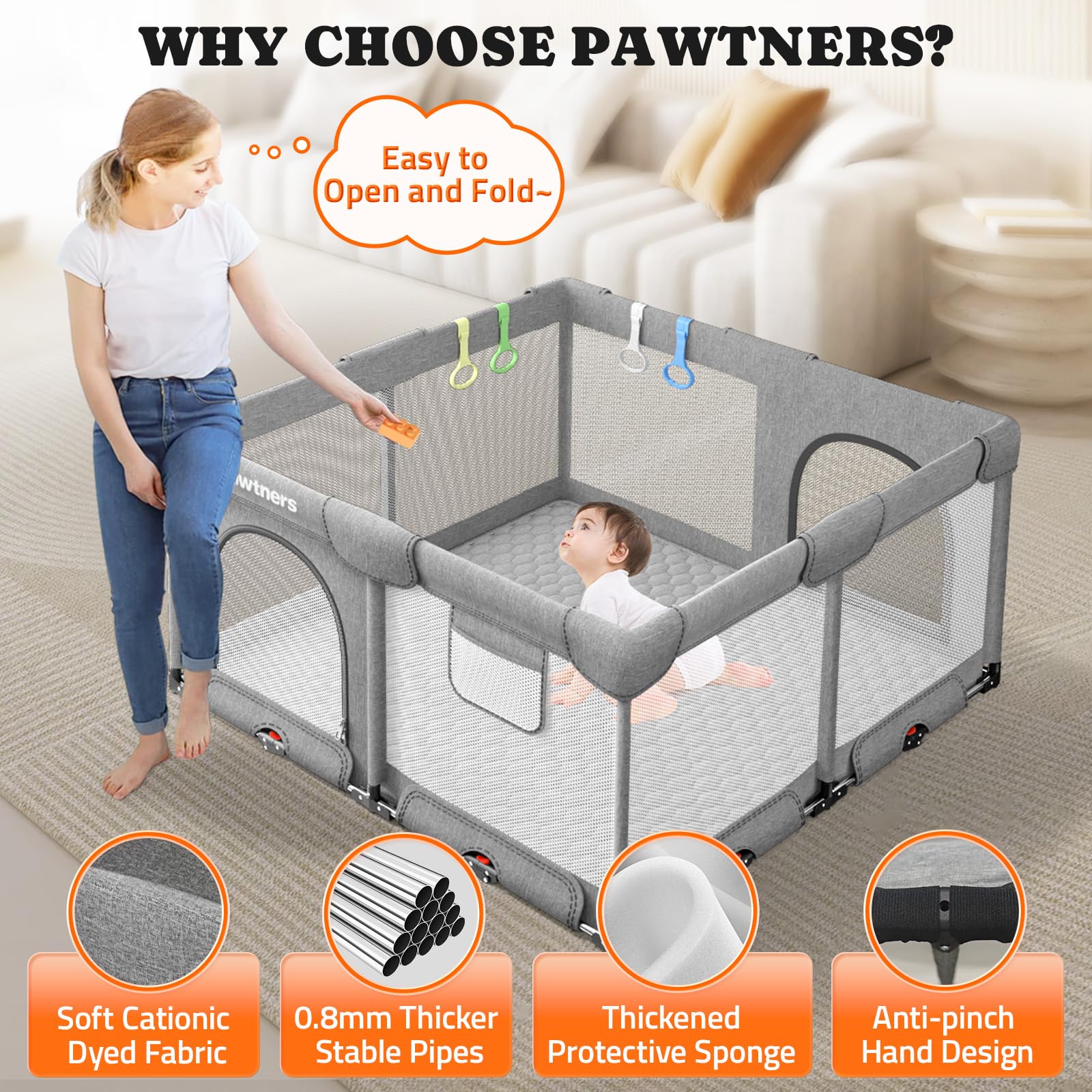 Pawtners foldable playpen with four handles enhances toddler stability and mobility.