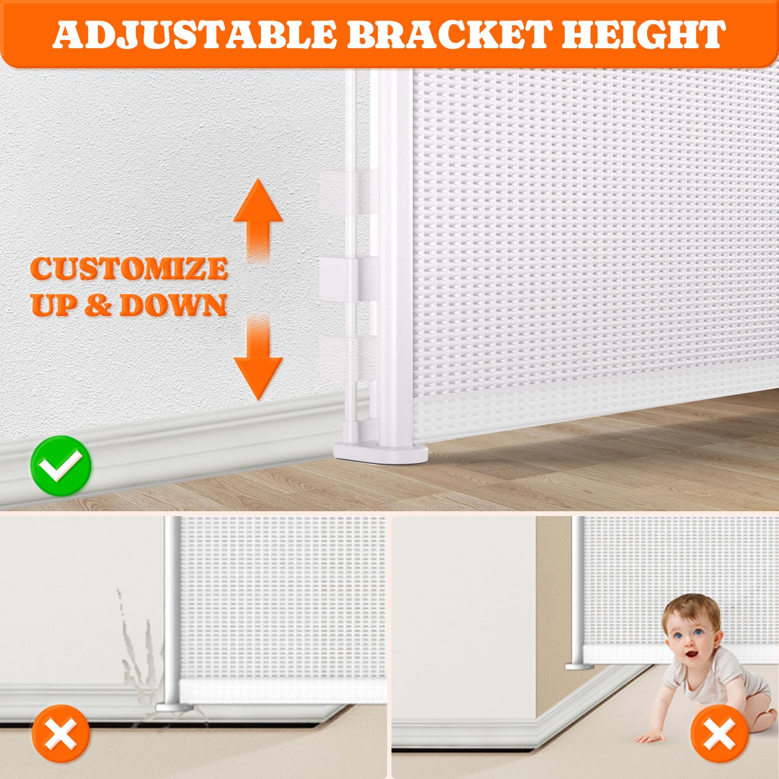 Pawtners gate baseboard-adjust bracket accommodates varying baseboard heights.