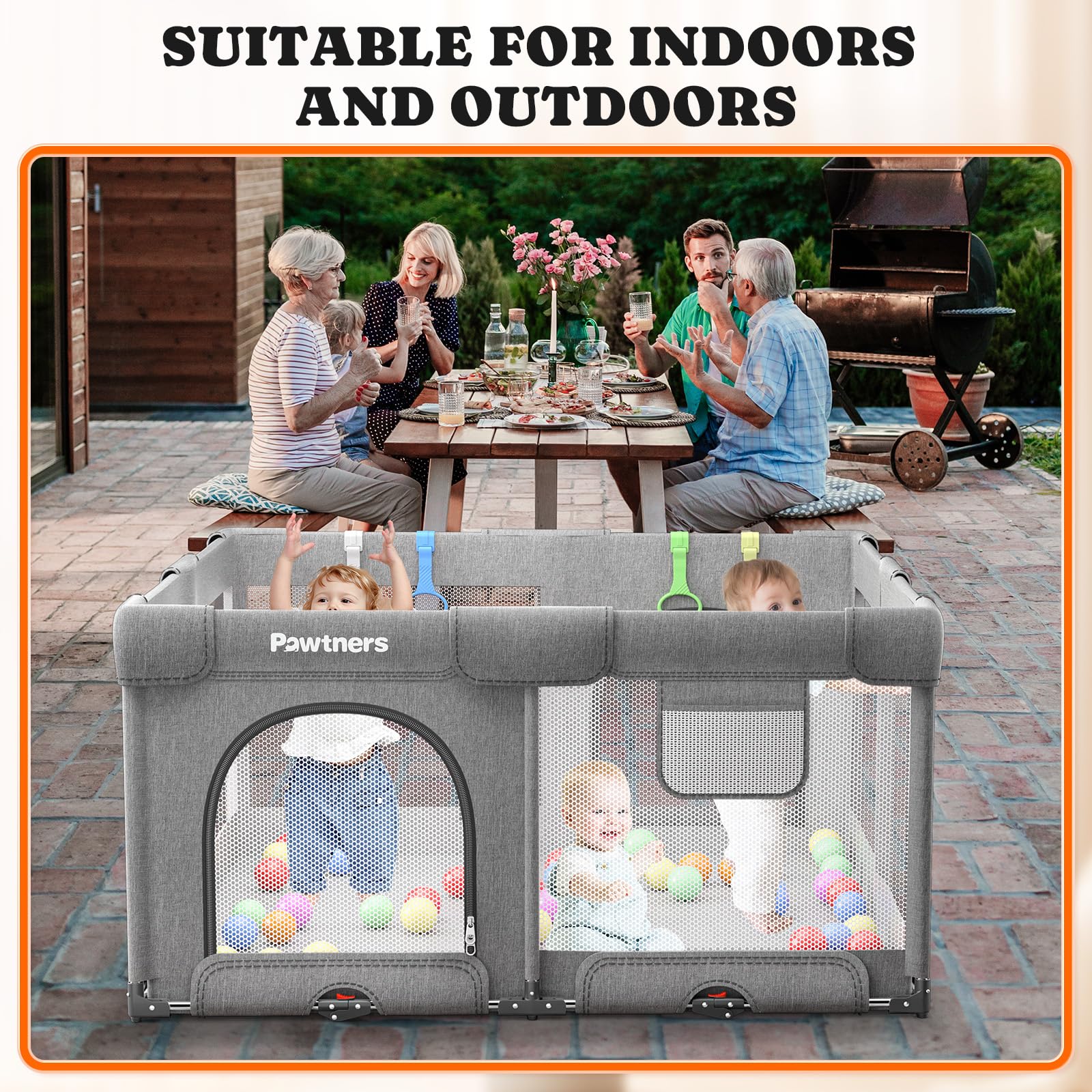 Pawtners playpen with 50 ocean balls adds sensory play opportunities.