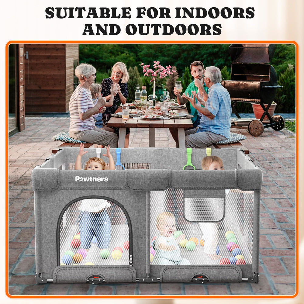 Pawtners playpen with 50 ocean balls adds sensory play opportunities.