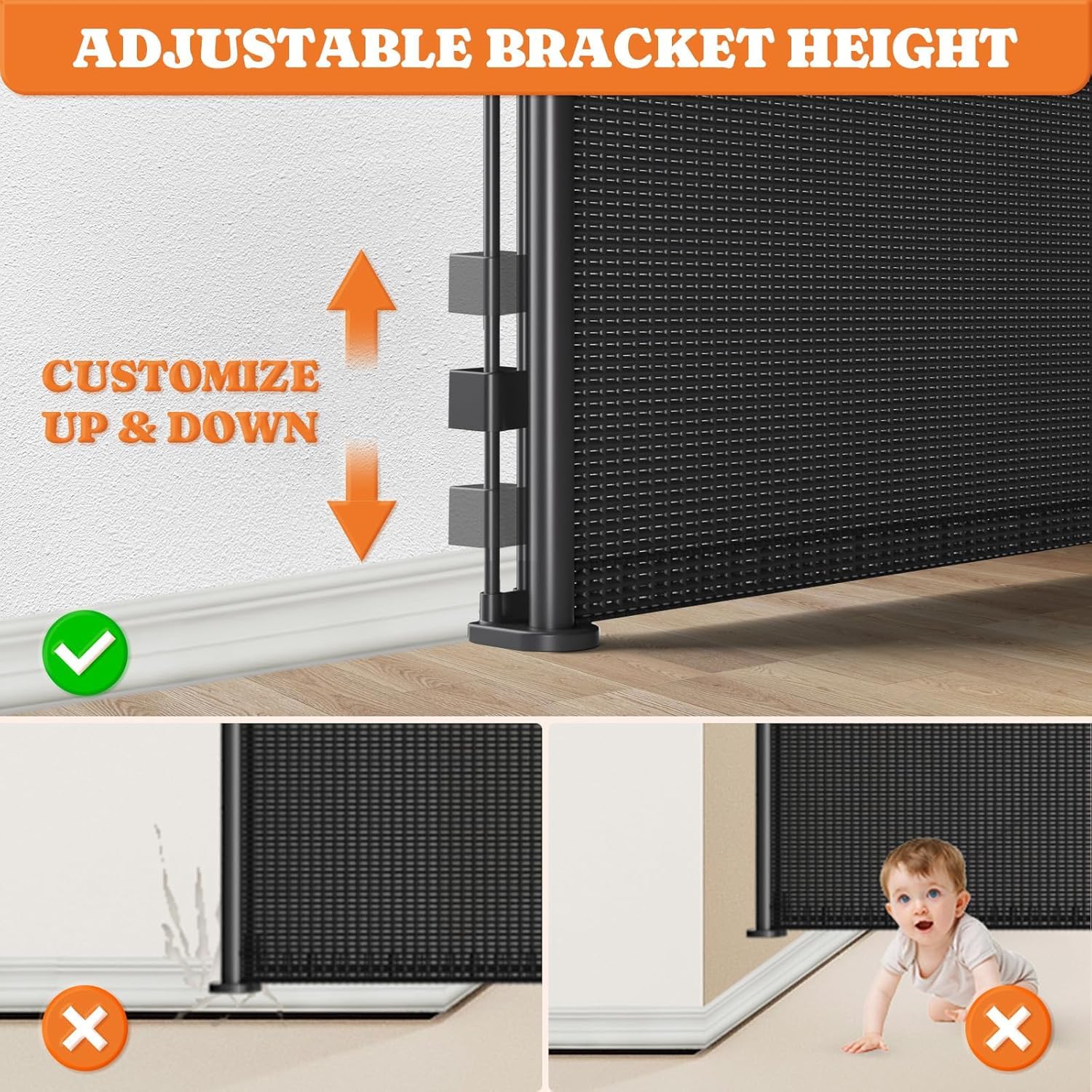 Pawtners baseboard-height adjustable gate fits various baseboard heights