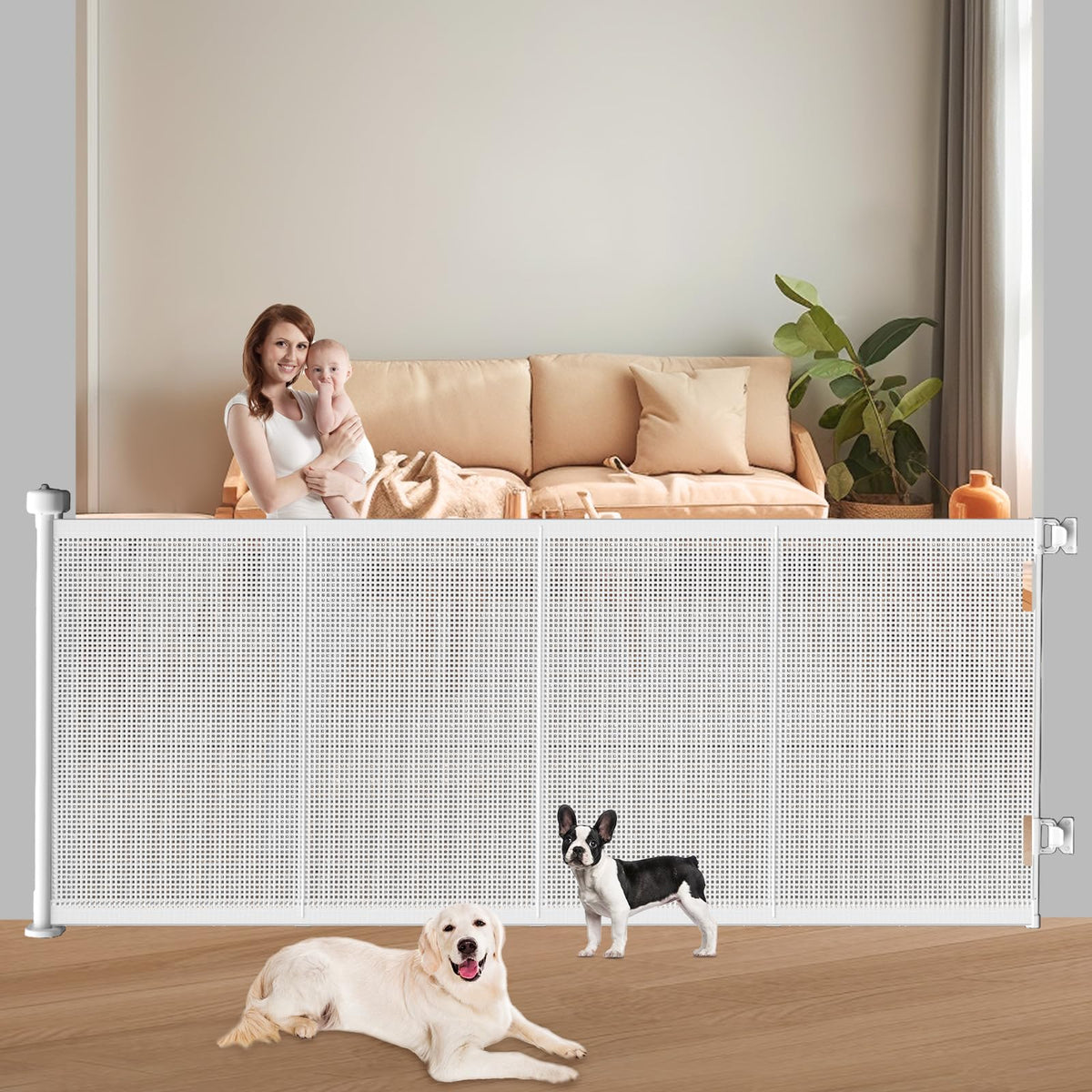 Pawtners retractable gate closed view shows compact installation for space-saving homes.