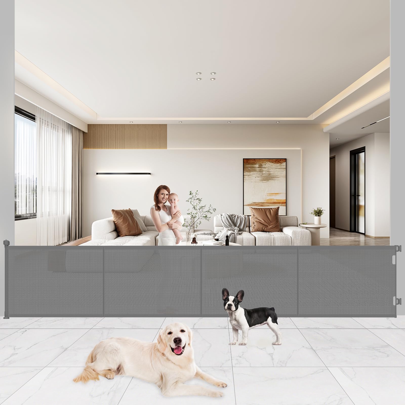 Pawtners upgrade 200-inch retractable gate wide extends barrier for large spaces.