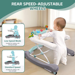Pawtong adjustable-height walker adapts as baby grows.