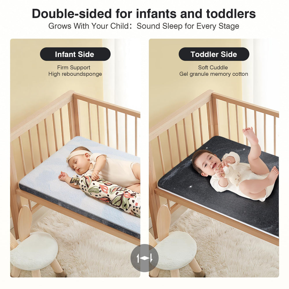 Pawtong dual-sided comfort mattress with removable cover on crib, easy cleaning.