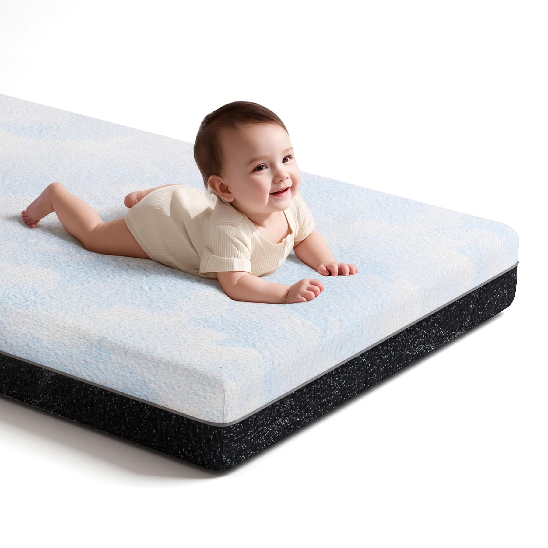 Pawtong dual-sided comfort mattress top view highlights dual-sided support for babies and toddlers.