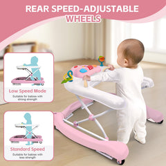 Pawtong foldable 5-in-1 walker with activity toys stimulating senses during play.