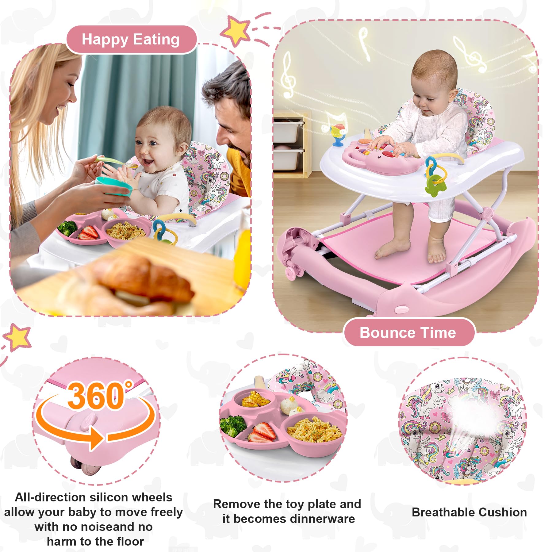 Pawtong foldable 5-in-1 walker adjustable-height positions support growing baby.