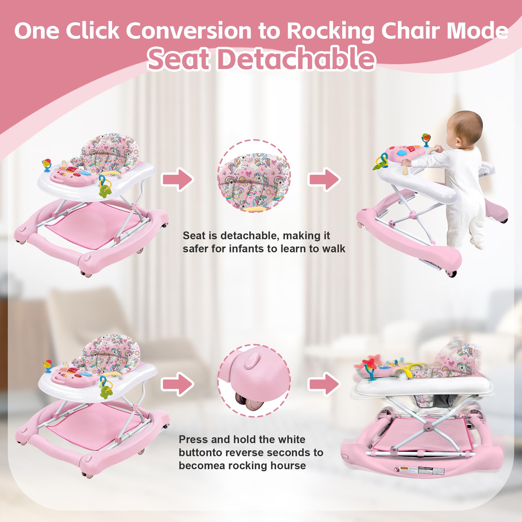 Pawtong foldable 5-in-1 walker in bouncer and rocker mode for soothing fun.