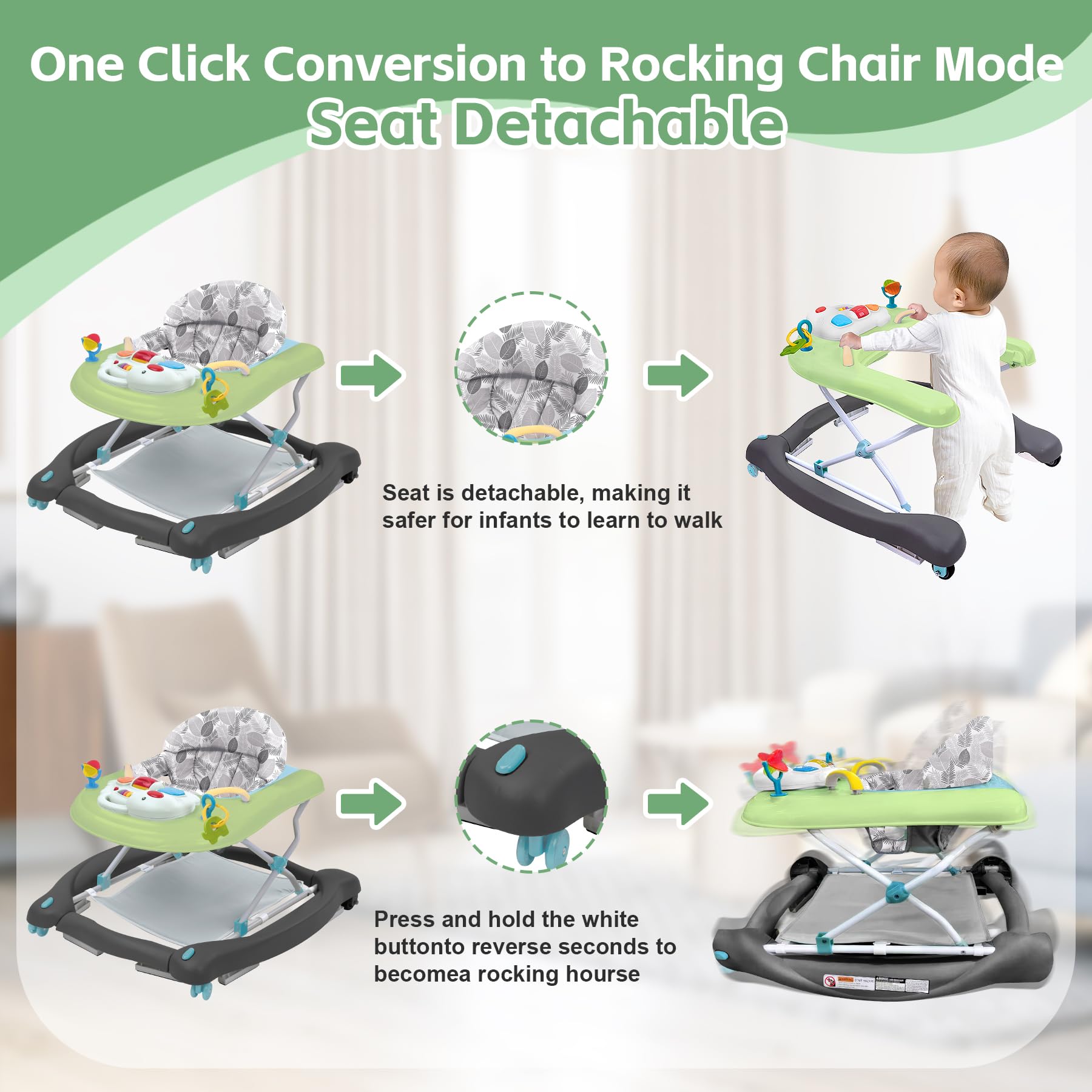Pawtong Foldable 5-in-1 Walker adjustable height positions for growing baby