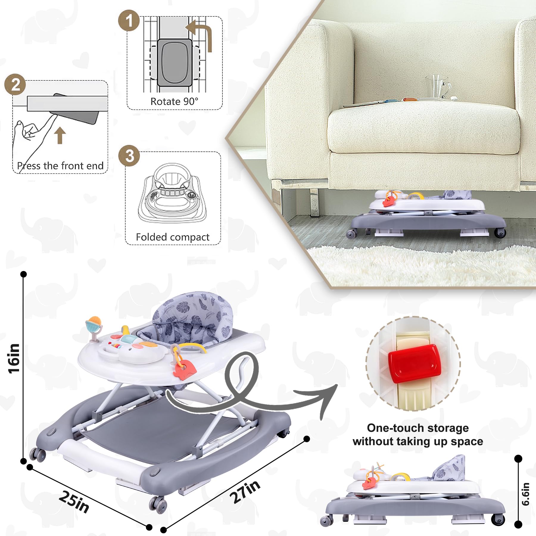 Pawtong Foldable Baby 5-in-1 Walker with height adjustment keeps baby comfortable.