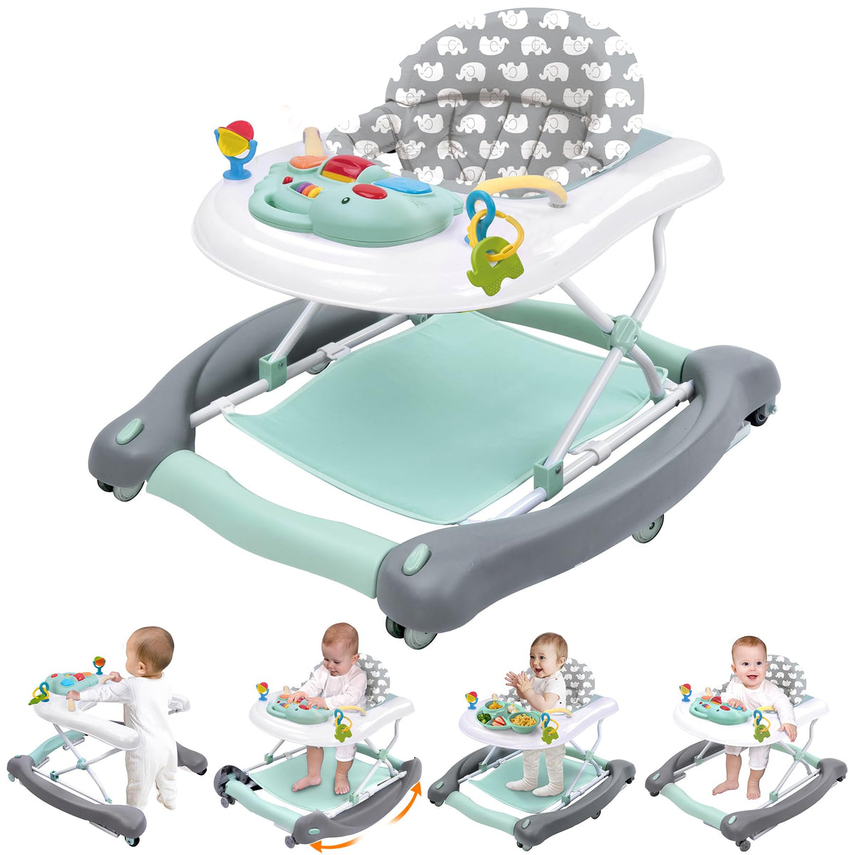 Pawtong foldable baby walker demonstrates space-saving design for small rooms.