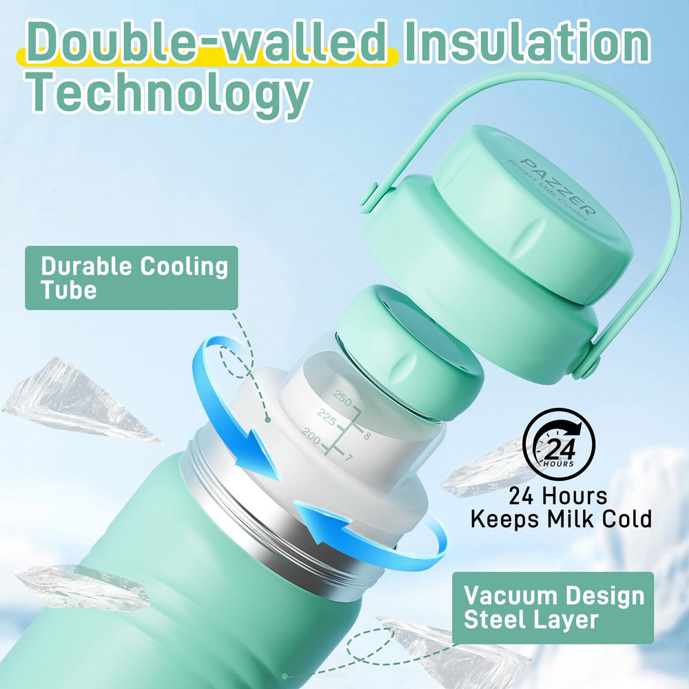 Pazzer portable breastmilk cooler attached to travel bag for on-the-go use.