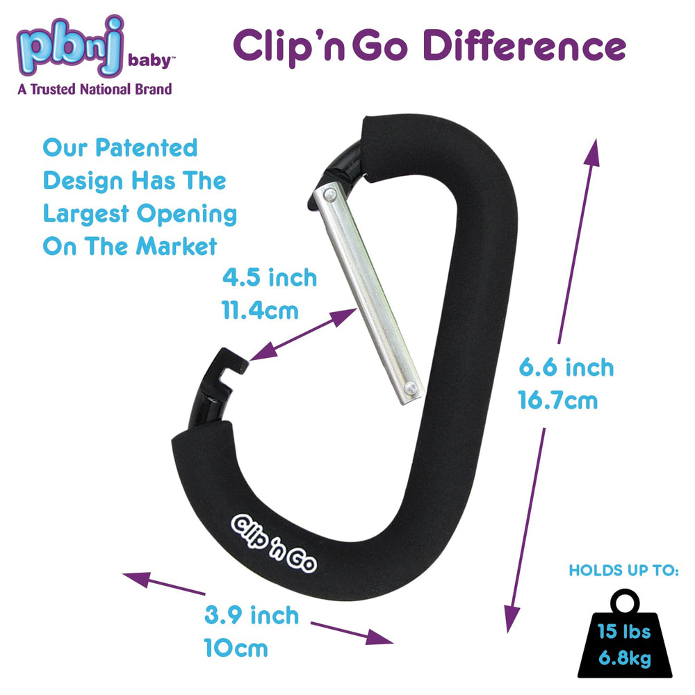 PBnJ Baby diaper bag clip attached to stroller bar