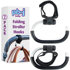PBnJ Baby foldable stroller hook demonstrates silicone-protected bag resting setup for shopping