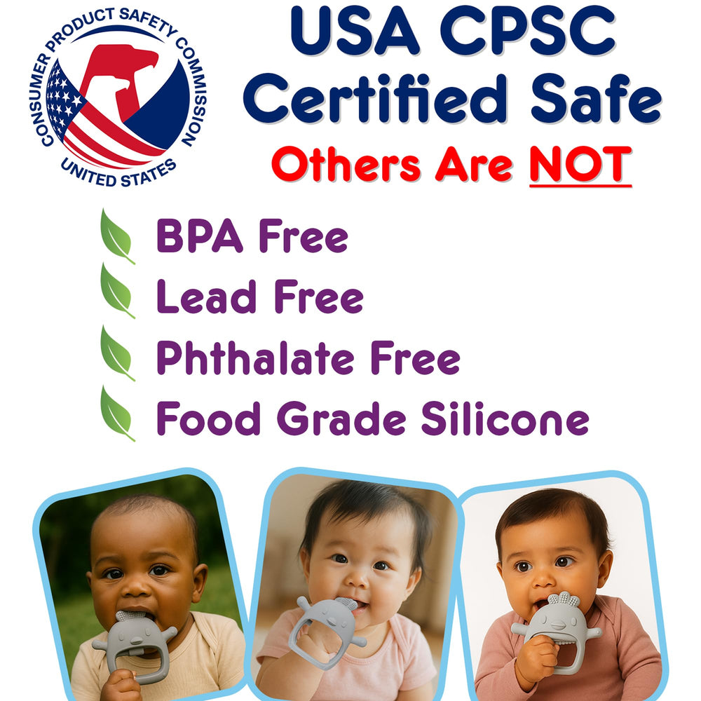 PBnJ Baby silicone teether is freezer-safe for cold comfort.