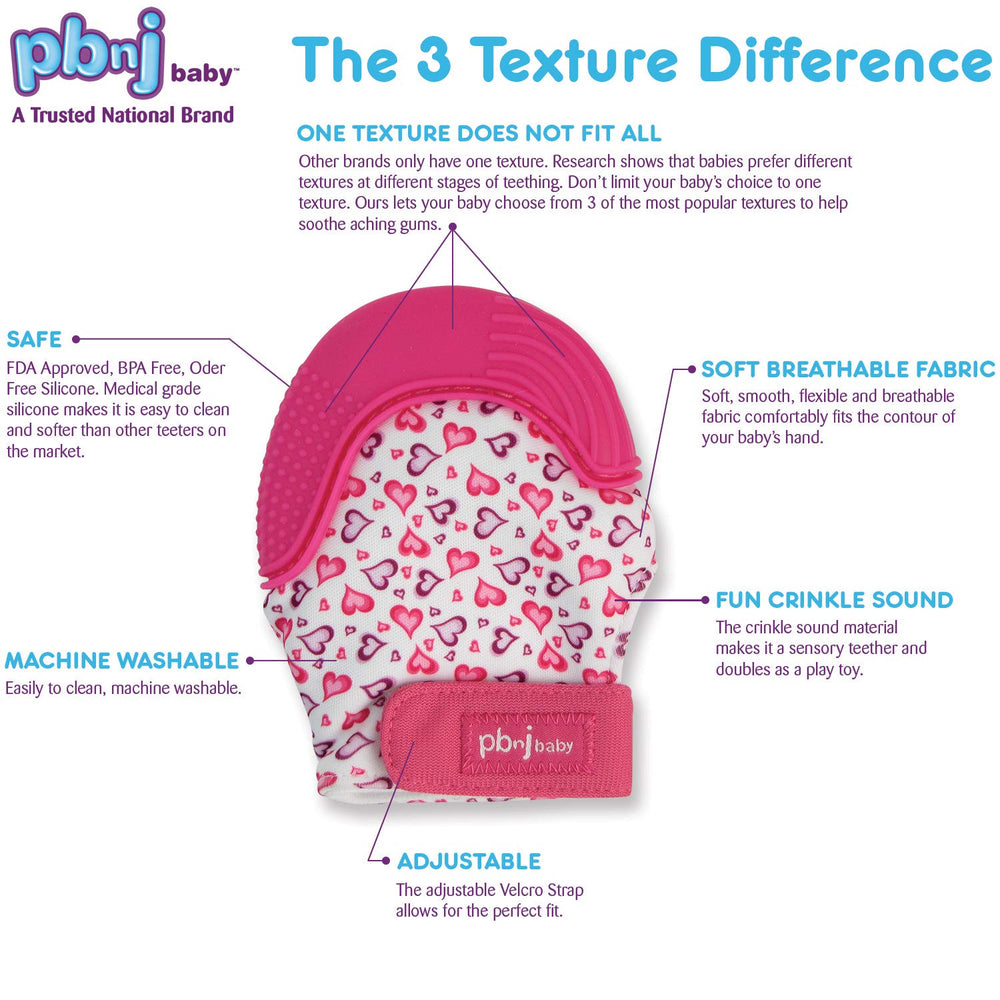 PBnJ Baby teether glove front view highlights soft silicone for gentle gum relief.