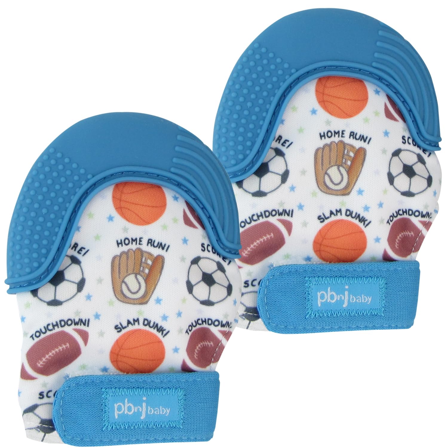 PBnJ Baby teether glove packaging shows a two-pack set for on-the-go soothing.