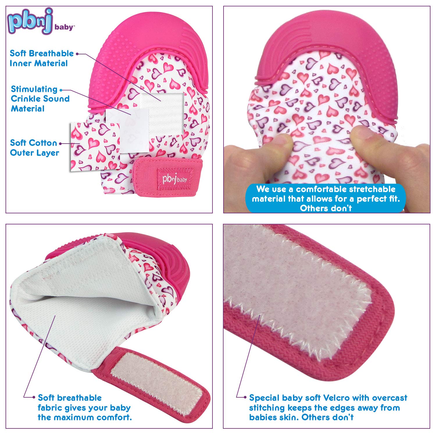 PBnJ Baby teether glove close-up reveals textured bumps and ridges for chewing comfort.