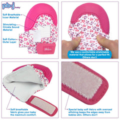 PBnJ Baby teether glove close-up reveals textured bumps and ridges for chewing comfort.