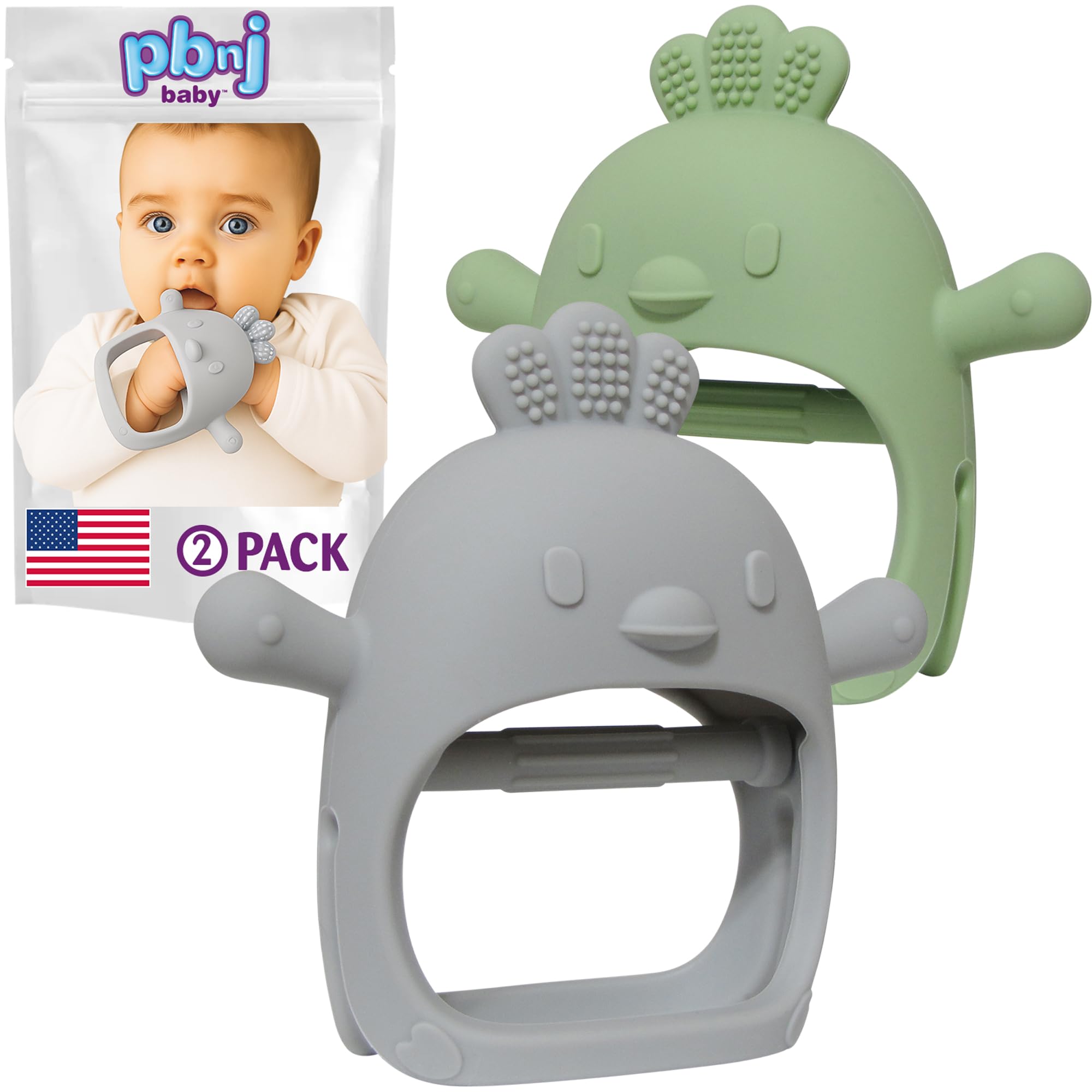PBnJ Baby silicone teether mitten on tiny hand offers safe teething relief.