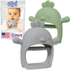 PBnJ Baby silicone teether mitten on tiny hand offers safe teething relief.