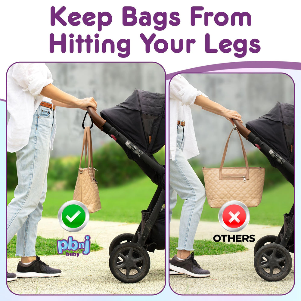 PBnJ Baby stroller hook showing universal fit on various strollers