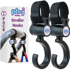 PBnJ Baby Stroller Hooks 2 Pack product shot demonstrates secure bag support for city shopping.