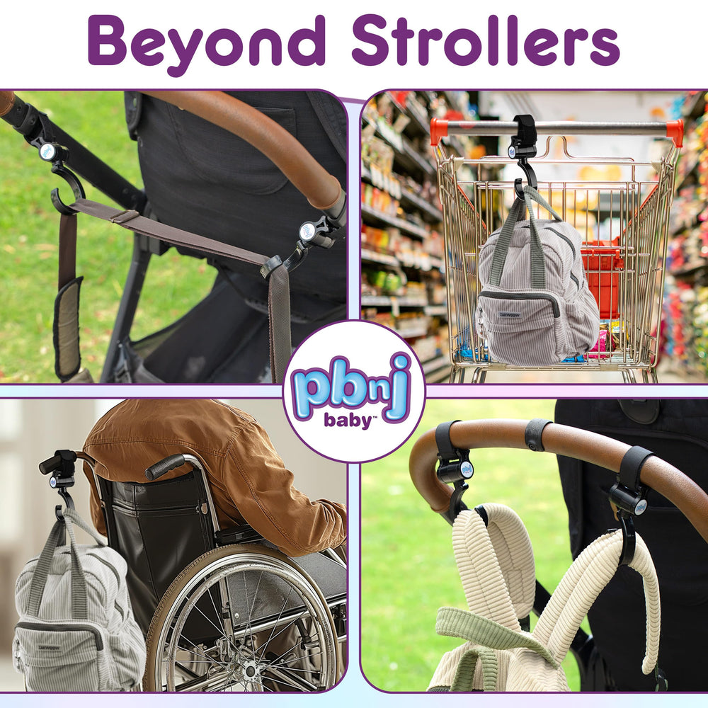 PBnJ Baby Stroller Hooks keeps diaper bags organized on outings and travels.