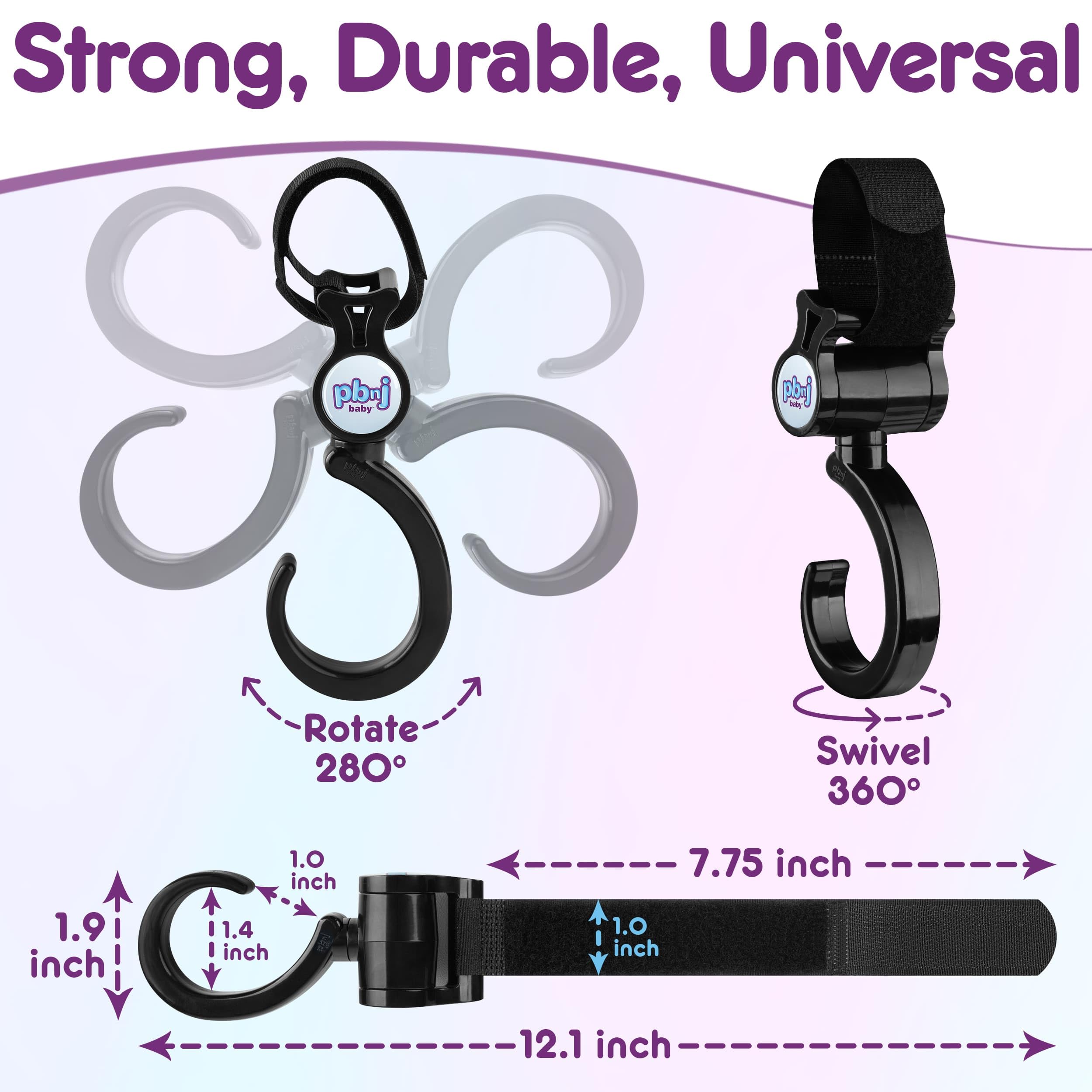 PBnJ Baby Stroller Hooks sleek black finish blends with any setup.