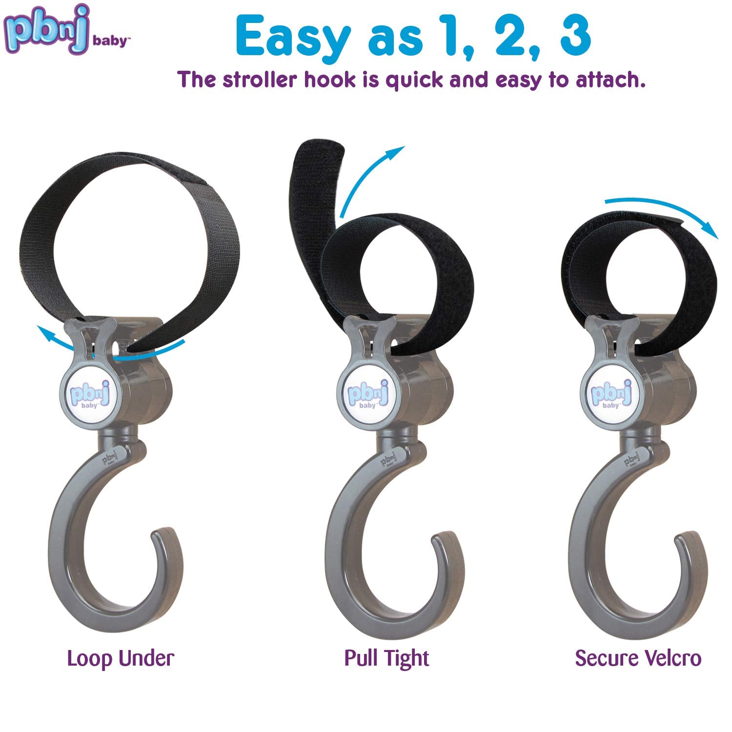 PBnJ Baby Stroller Hooks universal fit ensures compatibility with many stroller designs.