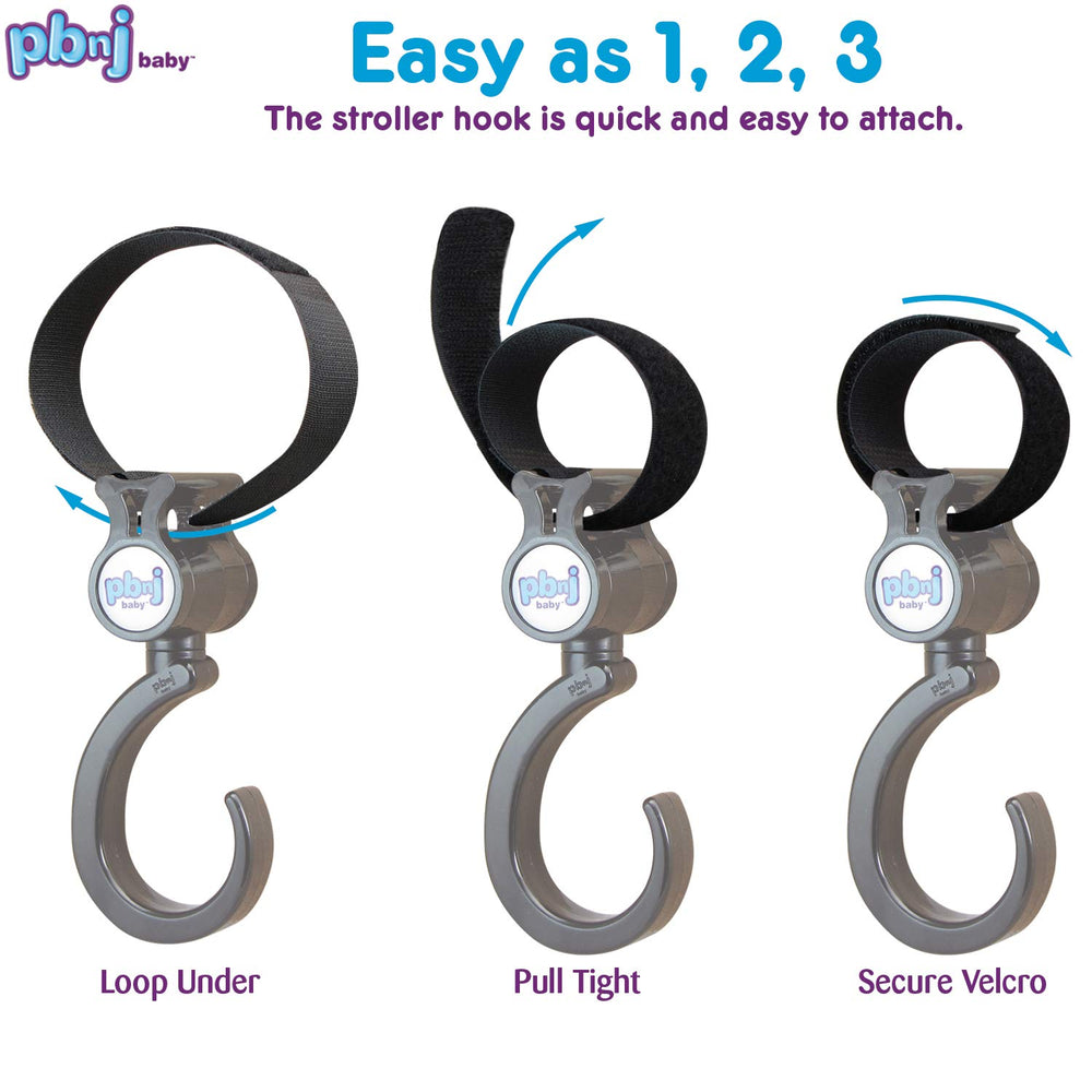 PBnJ Baby Stroller Hooks universal fit ensures compatibility with many stroller designs.