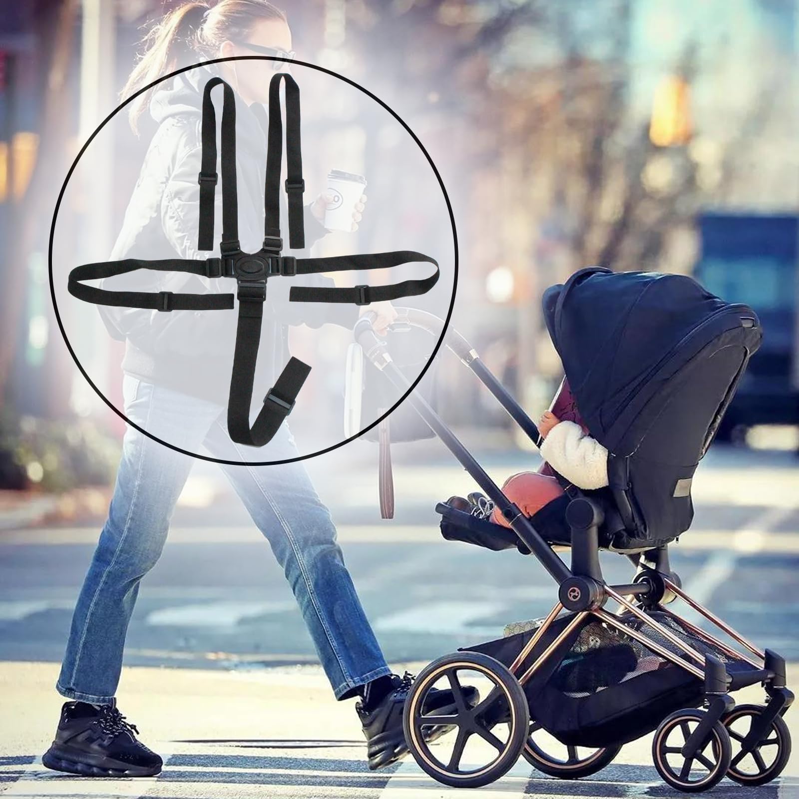 PCTC universal 5-point harness belt buckle connection ensures quick, secure fastening for kids.