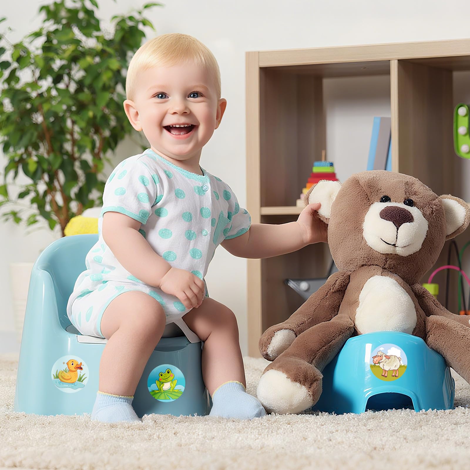 PCTCSHQ potty stickers on toilet promote interactive training routines.