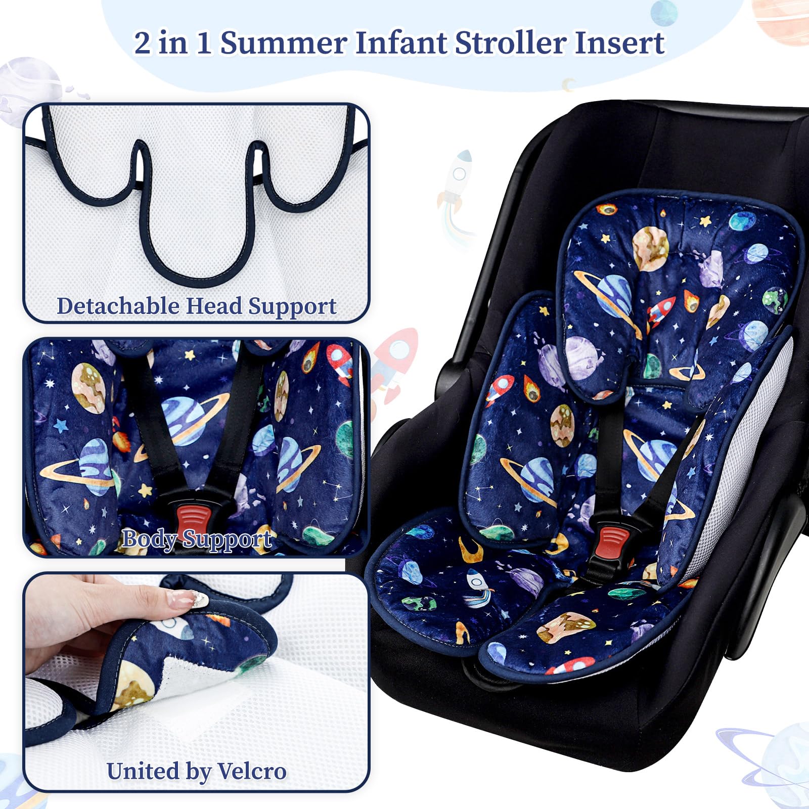 Pea Pod 2-in-1 infant cushion provides head and body support in blue space.
