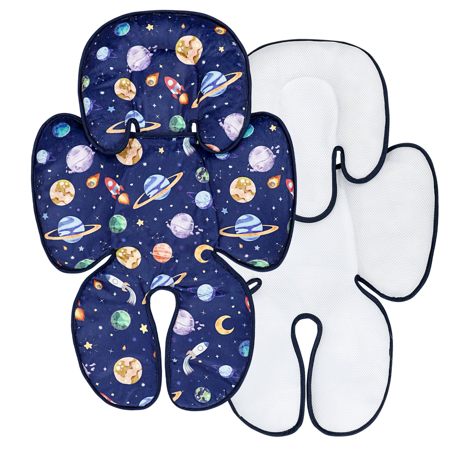 Pea Pod baby car seat head support keeps newborns comfortable in blue space.