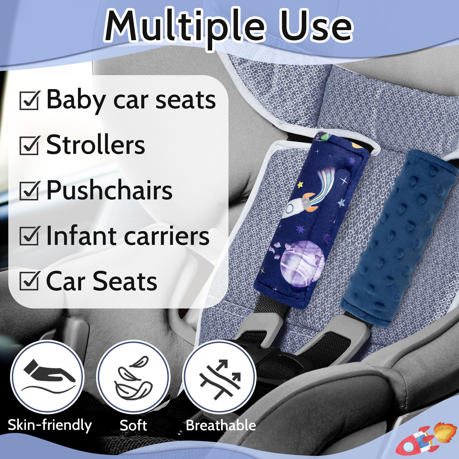 Pea Pod strap cover on pushchair for cushioned comfort on long rides.