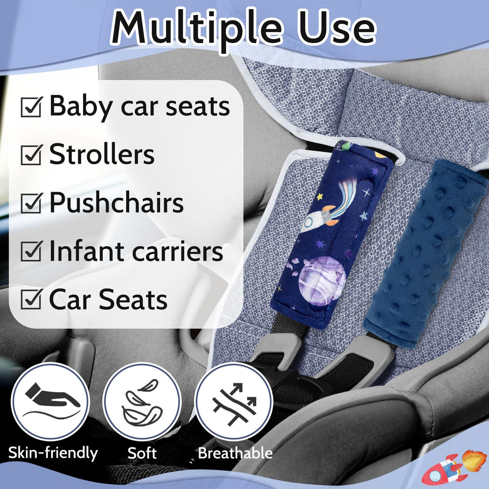 Pea Pod strap cover on pushchair for cushioned comfort on long rides.
