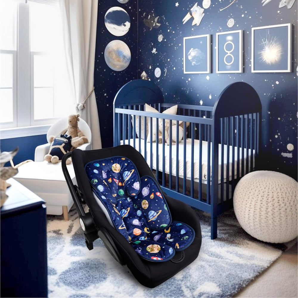 Pea Pod baby shower gift—soft comfort for car seats, strollers, and bouncers in blue space.