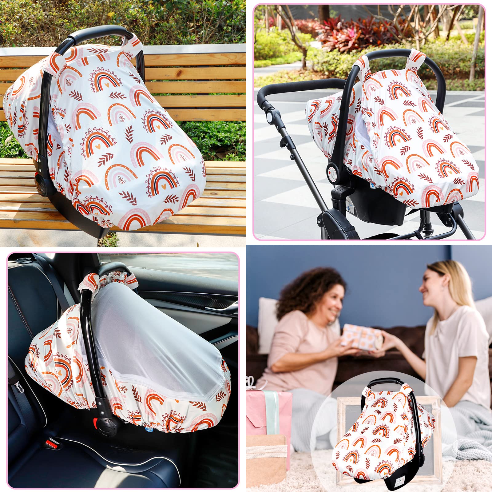 Car seat canopy for stroller use provides privacy and protection on outings.