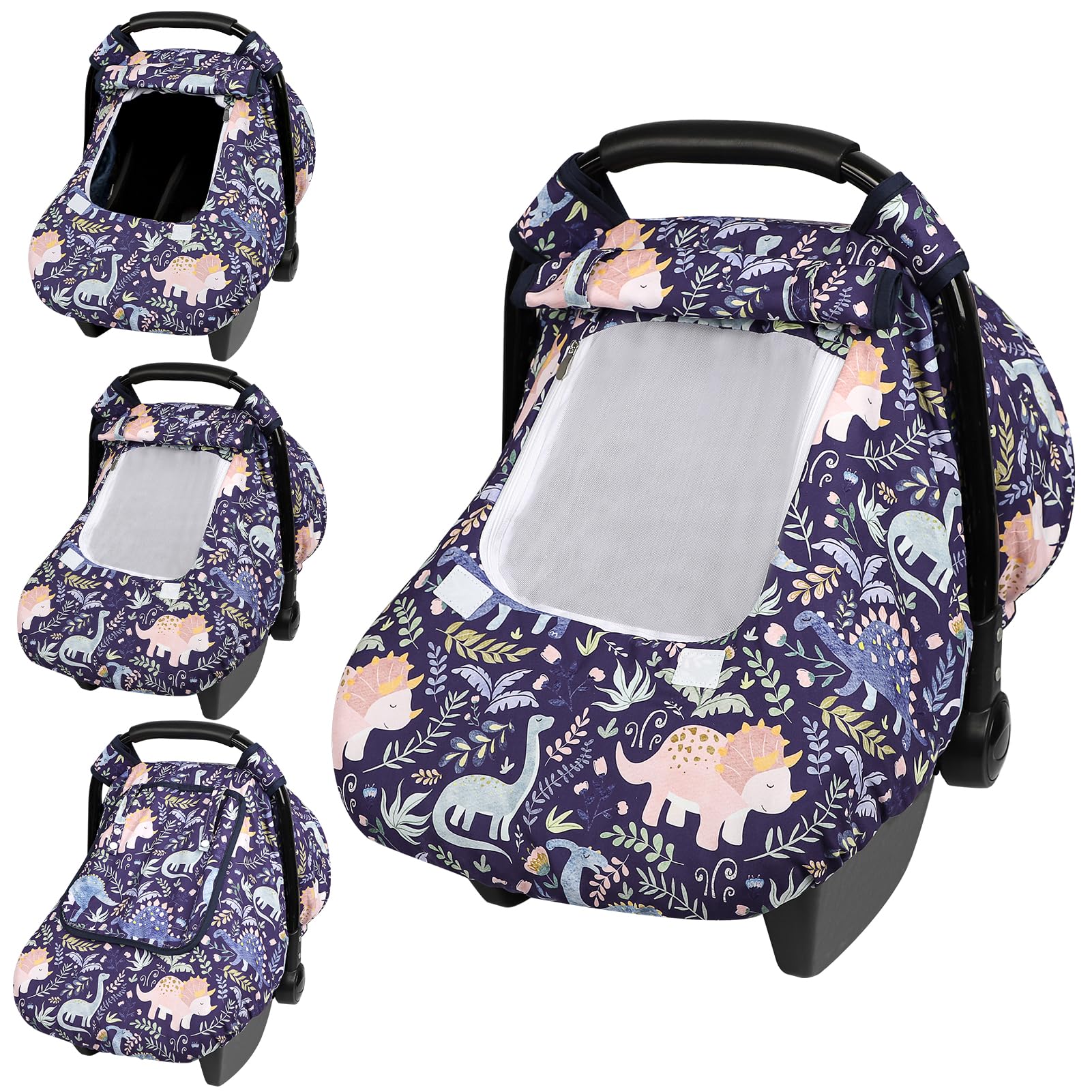 Pea Pod car seat cover dinosaur-pattern window view for monitoring baby on the go