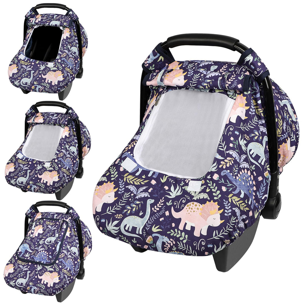 Pea Pod car seat cover dinosaur-pattern window view for monitoring baby on the go