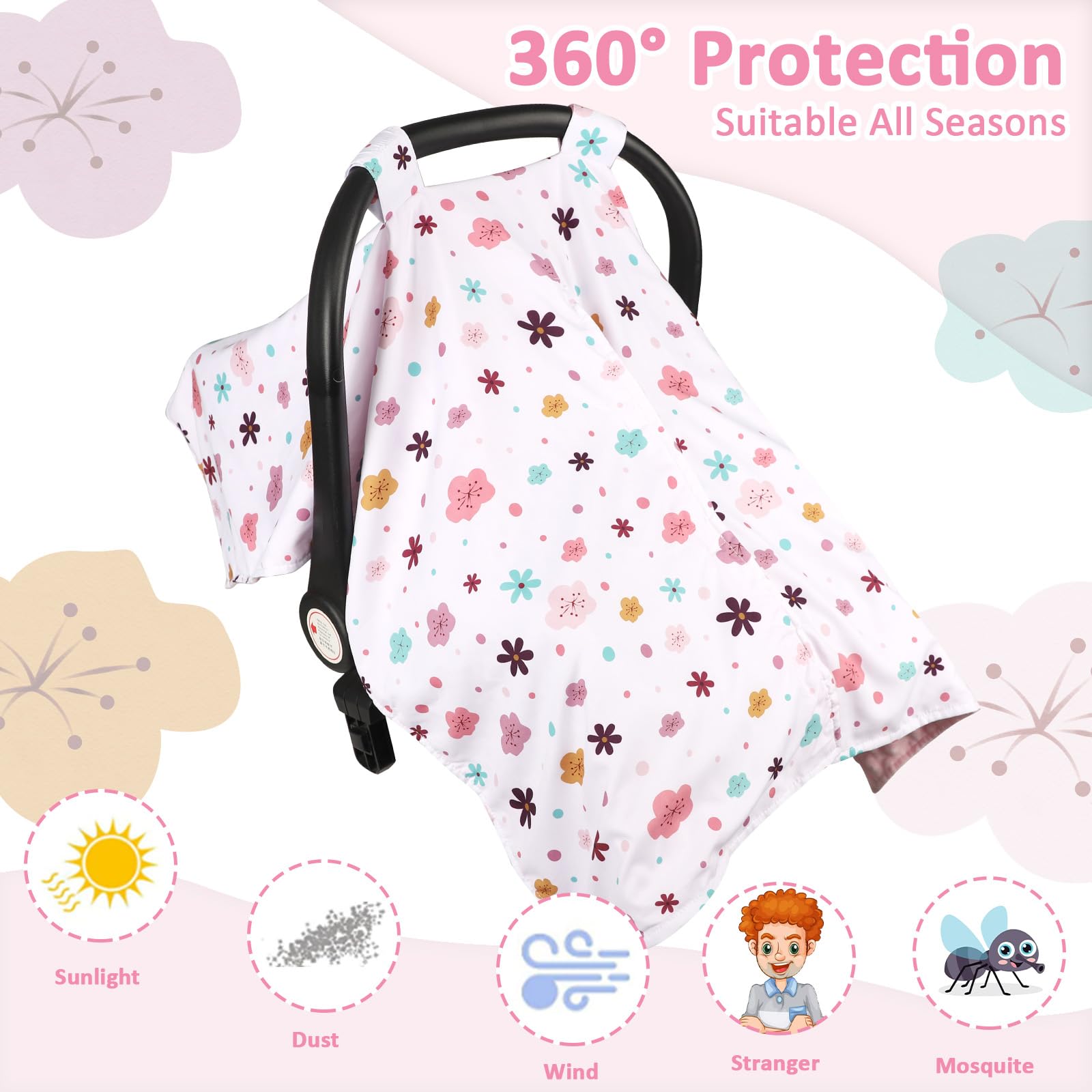 Pea Pod car seat cover floral back view highlighting full coverage and soft fabric.